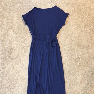 Maxi navy faux wrap with cap sleeves and belt.